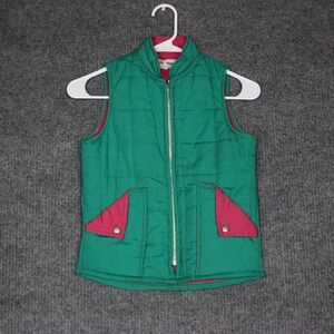 Vintage Kids Casual Time Green Quilted Puffer Vest with Pink Trim Pockets Size M